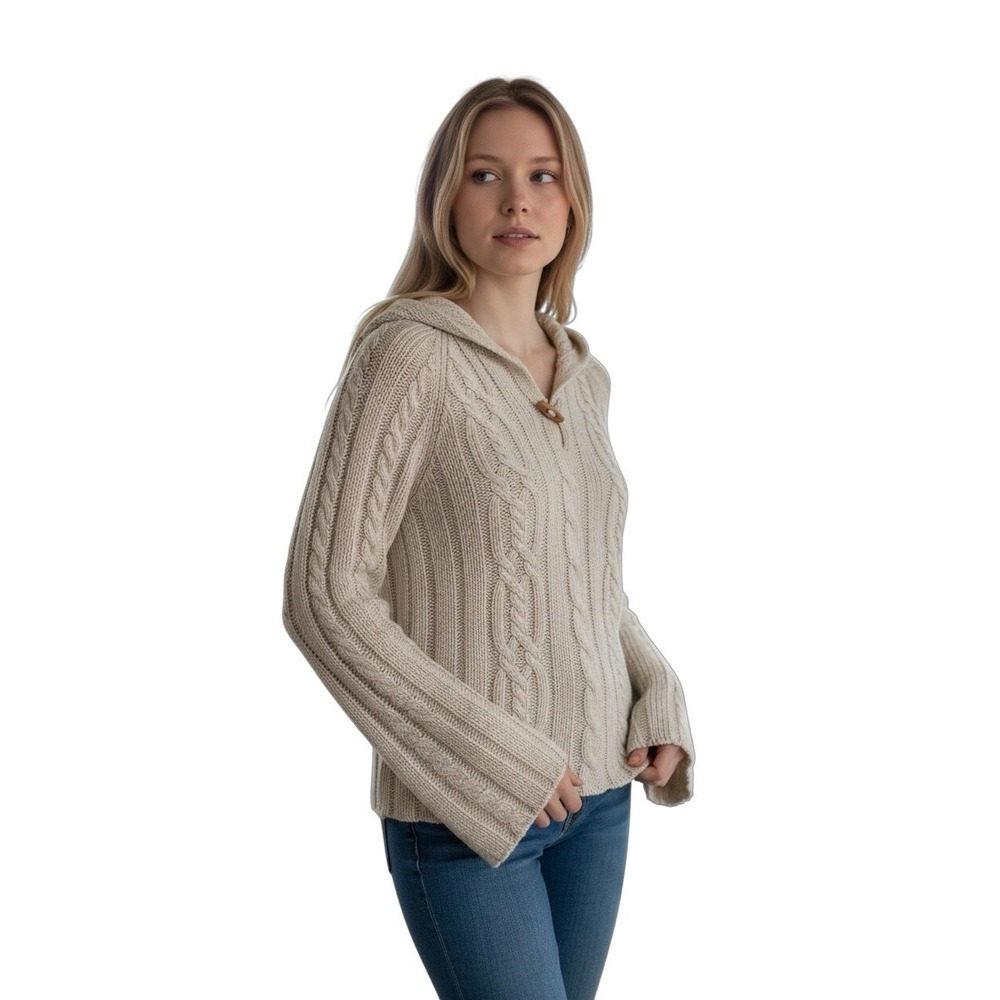 Vintage American Eagle Hooded Cable Knit Sweater Toggle Beige Cotton Women's M